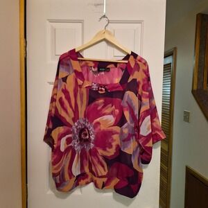 ana A New Approach Woman 3X Floral Chiffon Square Neck Kimono Sleeve Blouse Pink